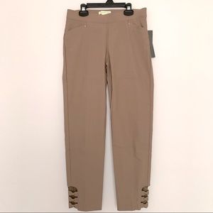 Modern Straight Leg Stretch Bow Ankle Cut Out Trousers Office Pants in Taupe (S)